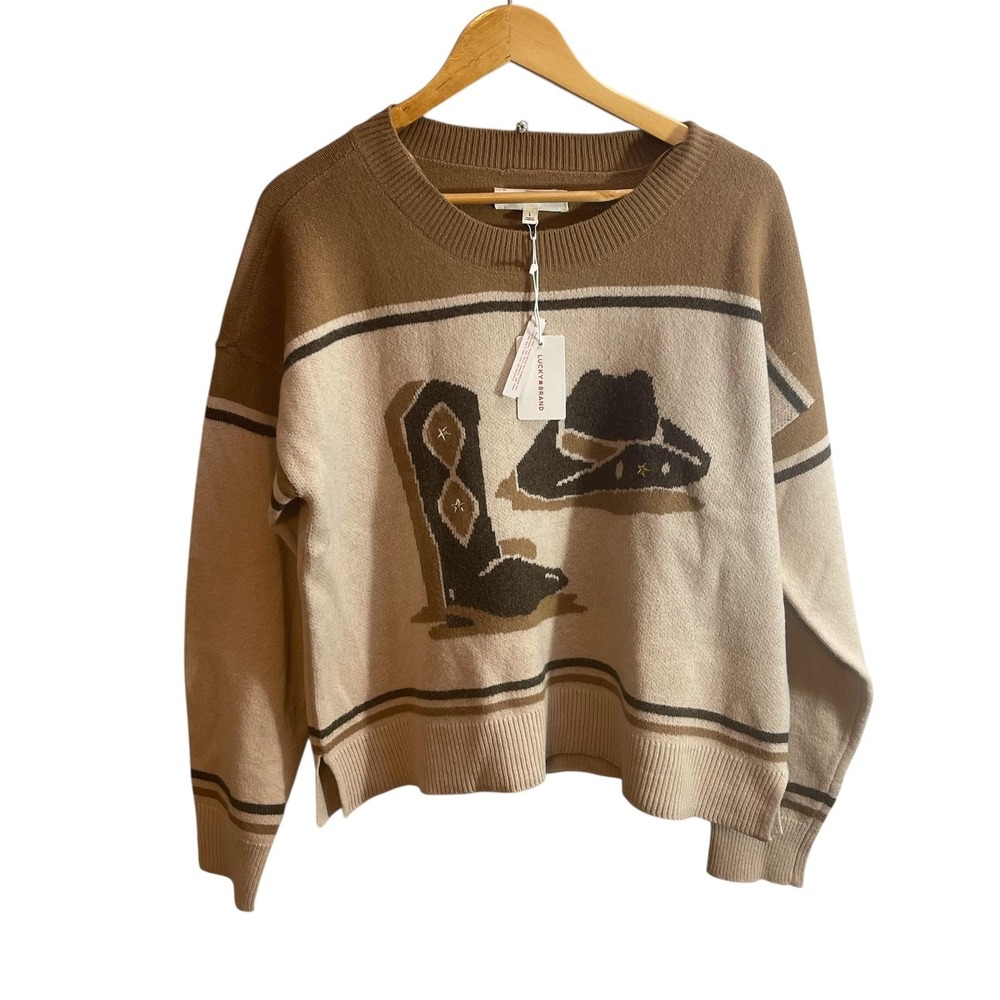 Lucky Brand Sweater Womens Large Western Cowboy Boots Hat Crewneck Pullover
